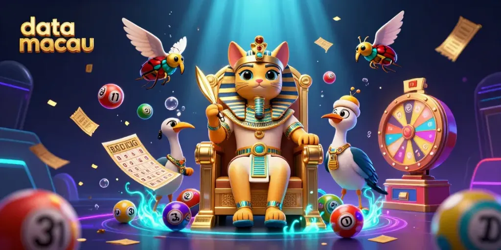 Engage with data macau for today’s lottery results featuring a dynamic scene of a pharaoh cat amidst colorful game elements.