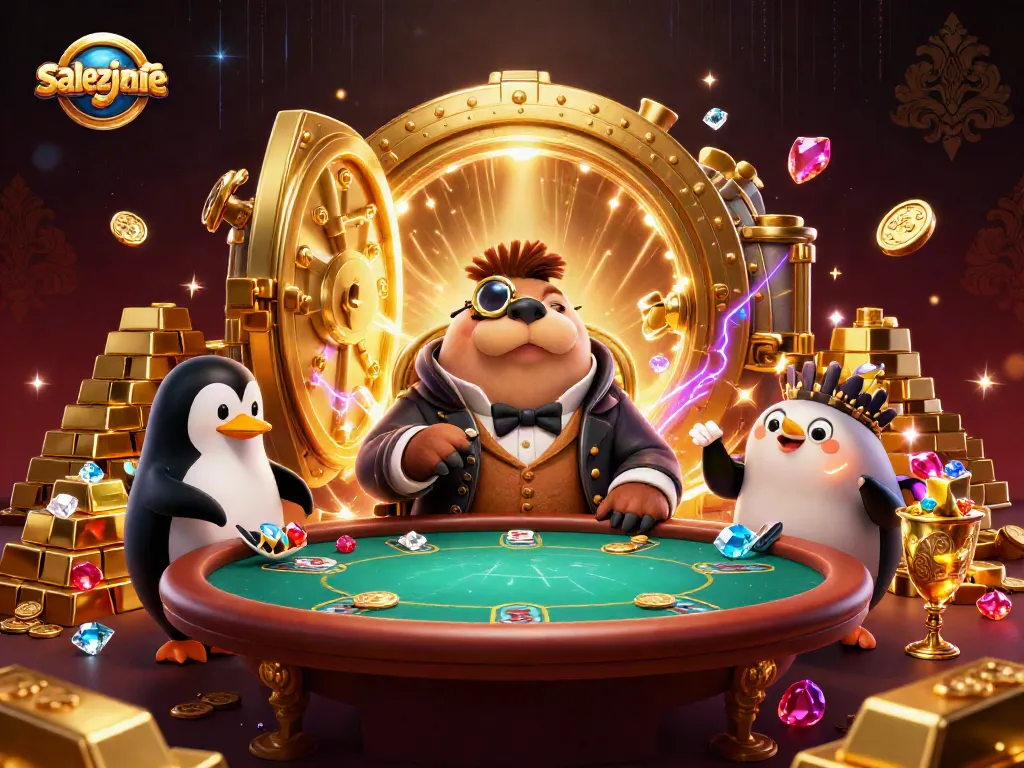 Salezjanie grają przy pokerowym stole podwodnym z dealerem pingwinem oraz blefującym rybim graczem.