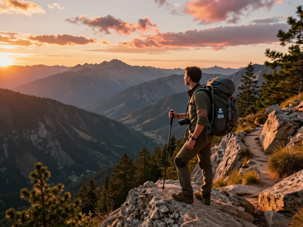 Traveler at a mountain peak, experiencing adventure with Fly88 gear during sunset.