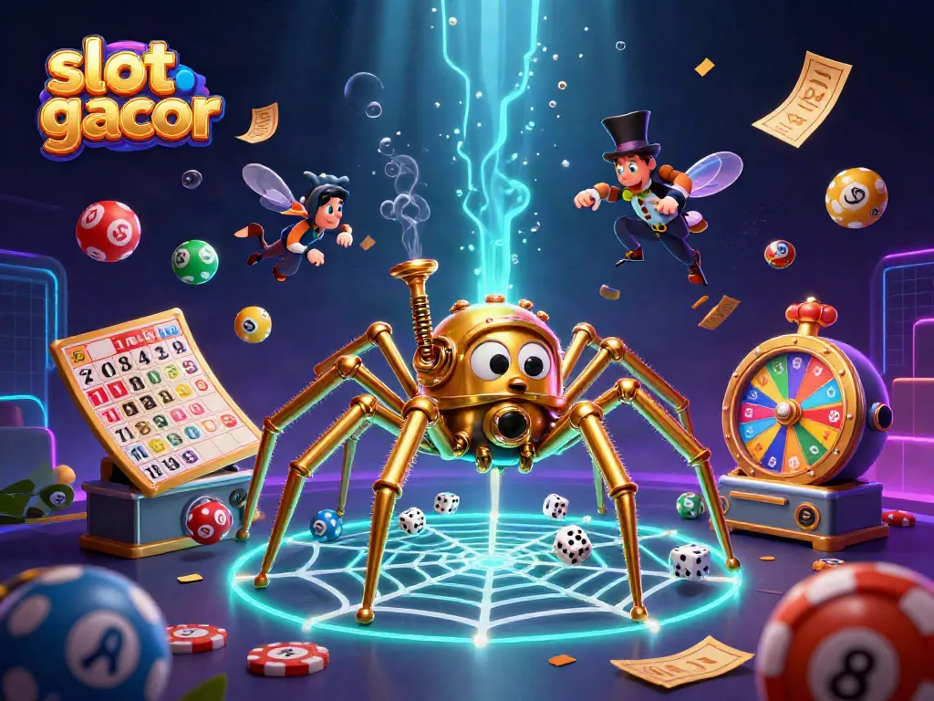 Experience thrilling fun with slot gacor featuring a steampunk spider and lottery elements.