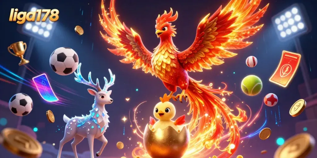 Visualisasi liga178 dengan phoenix berapi dan elemen judi, mengundang untuk bermain.