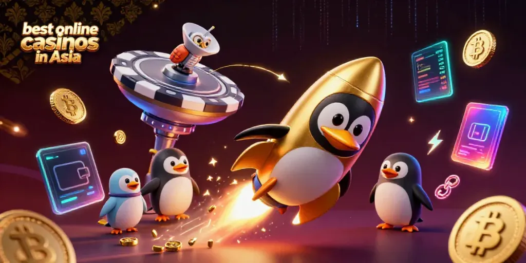 Explore the best online casinos in Asia with a vibrant 3D scene featuring a golden penguin and casino elements.