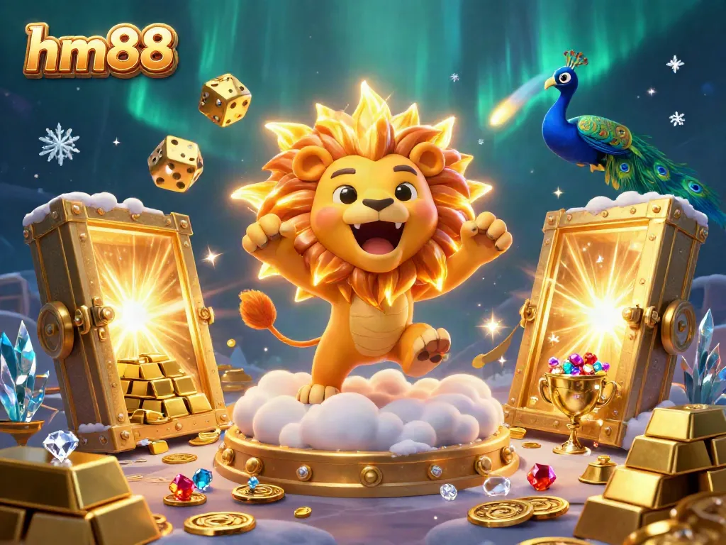 Engage in winning strategies at hm88, featuring a vibrant casino scene with gold, gems, and a roaring lion.