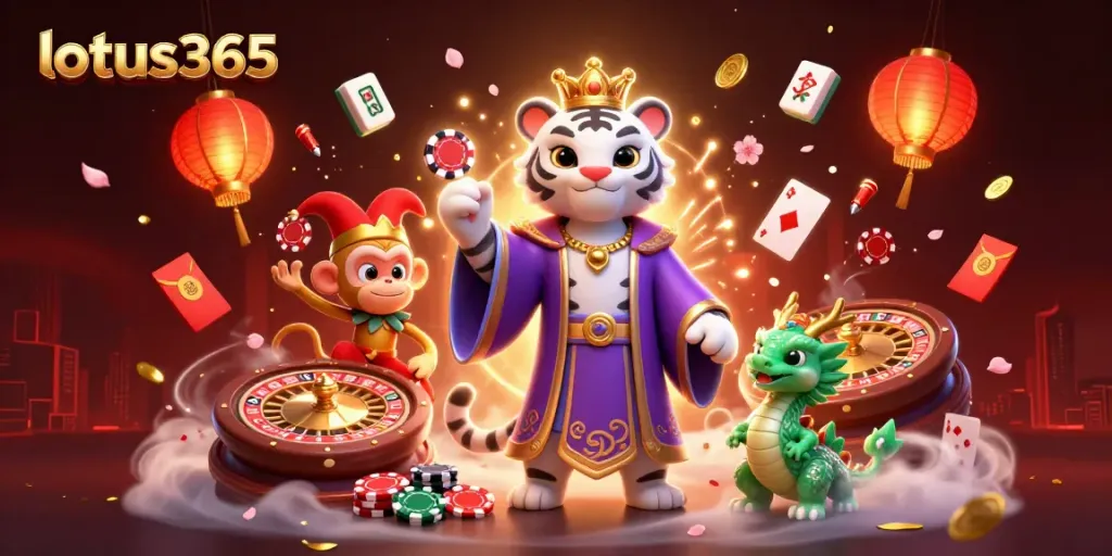 Experience exciting betting moments at lotus365 with a vibrant casino scene featuring a tiger, monkey, and dragon.