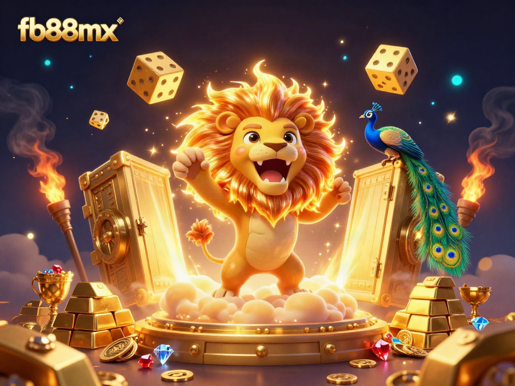 Witness thrilling gaming action at fb88mx with a roaring lion and glittering treasures.