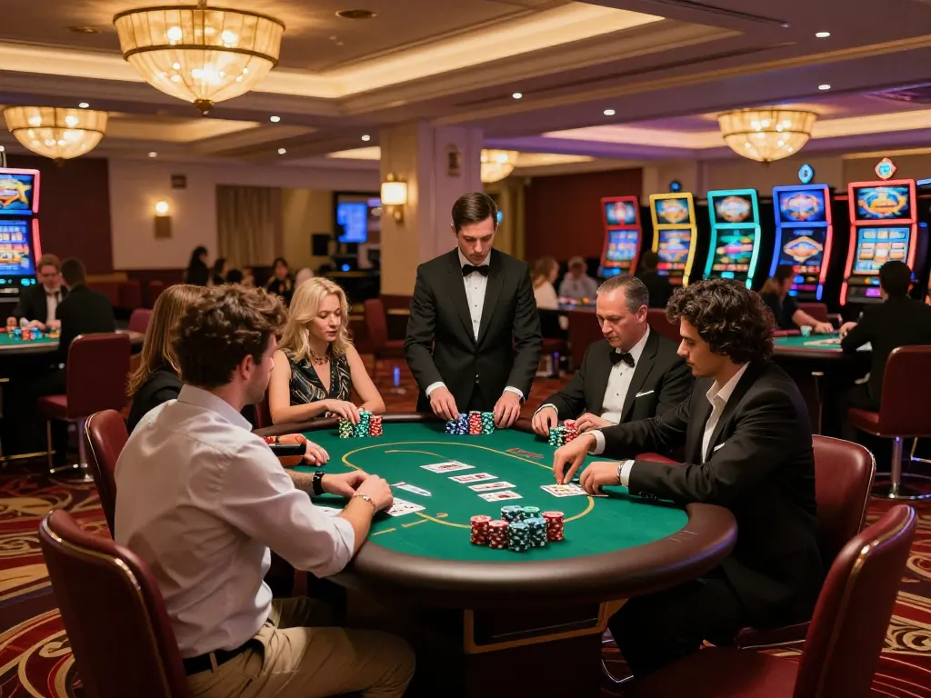B52club players engaged in strategic poker game at exclusive casino table, sophisticated atmosphere with vibrant decor.