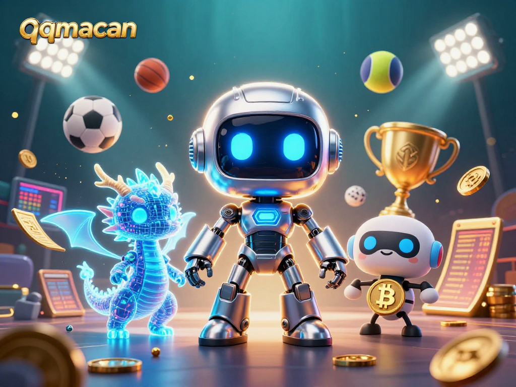 Bet on sports with qqmacan featuring a cyberpunk robot and holographic dragon in a vibrant casino.