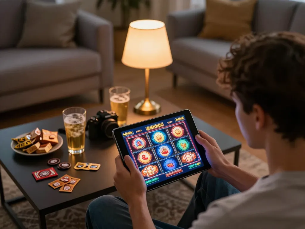 Player enjoying F168VIP slots on tablet in cozy home setting, showcasing strategic online gaming.