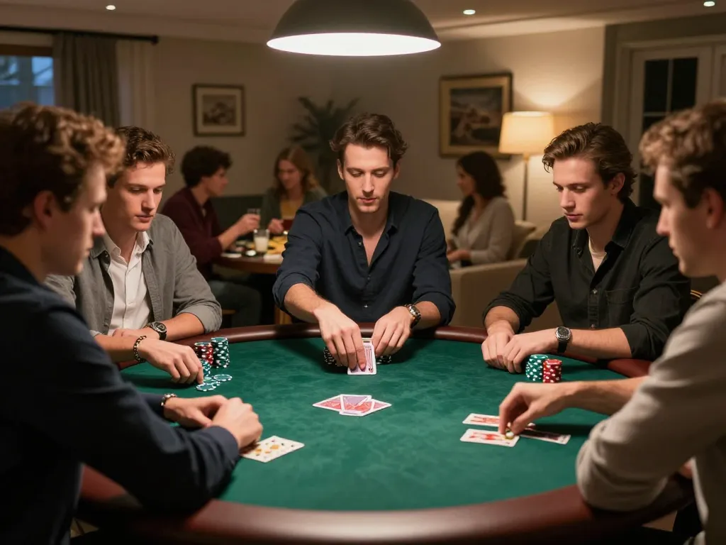 Nego77 players engaging in a strategic poker game at home, showcasing concentration and excitement around a premium table.
