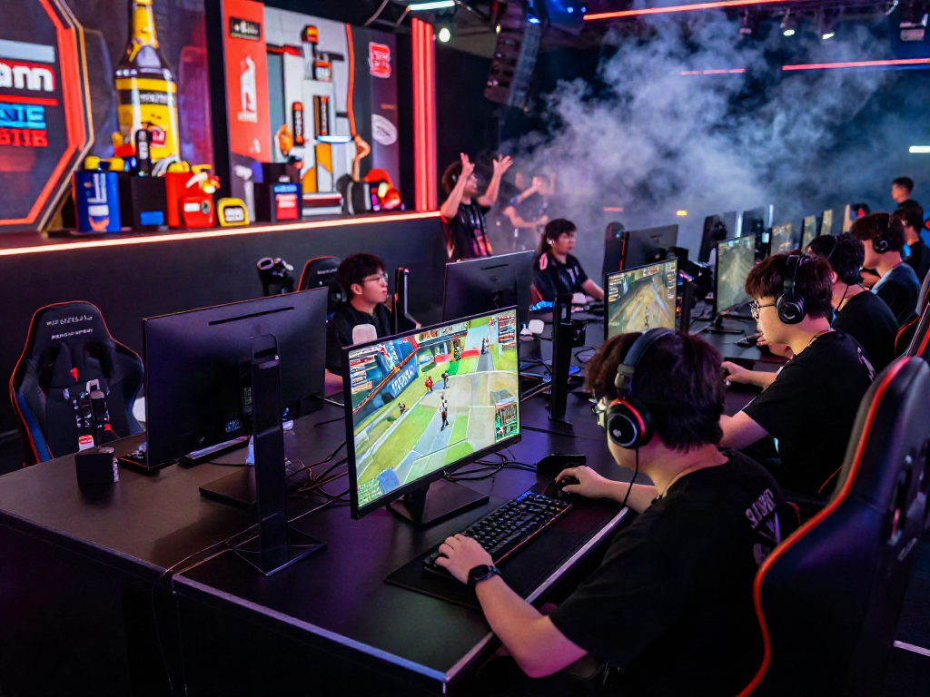 Juraganbola e-sports arena during an exciting gaming event with players and fans engaged.