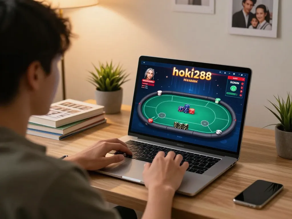 Scene menarik seseorang yang bermain permainan poker hoki288 secara daring di rumah, fokus pada strategi menang dan suasana santai.