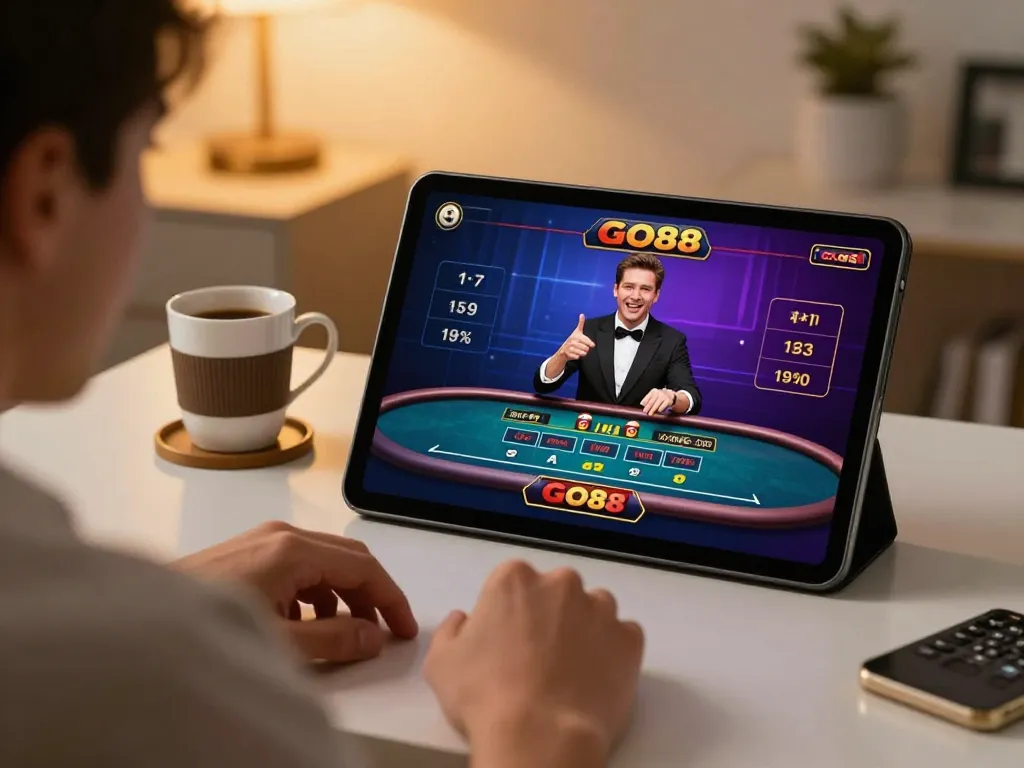 Player enjoying a live dealer game on GO88 app in a cozy home setting.