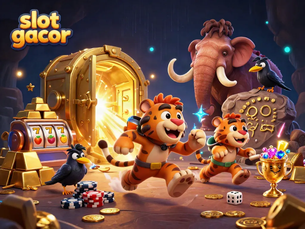 Experience slot gacor excitement with a dynamic prehistoric casino scene featuring vibrant characters.