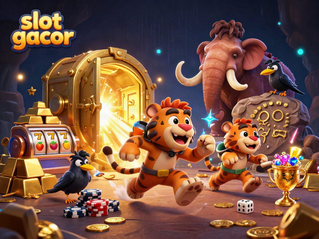 Experience slot gacor excitement with a dynamic prehistoric casino scene featuring vibrant characters.