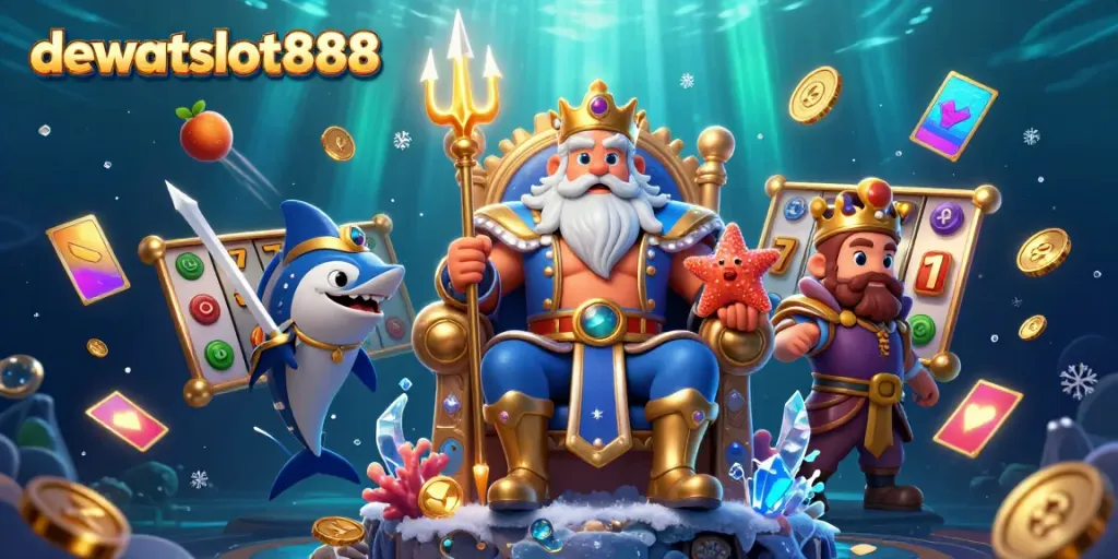 Menangkan jackpot dengan dewataslot888 melalui ilustrasi 3D memikat yang menunjukkan Raja Neptunus dan elemen slot.