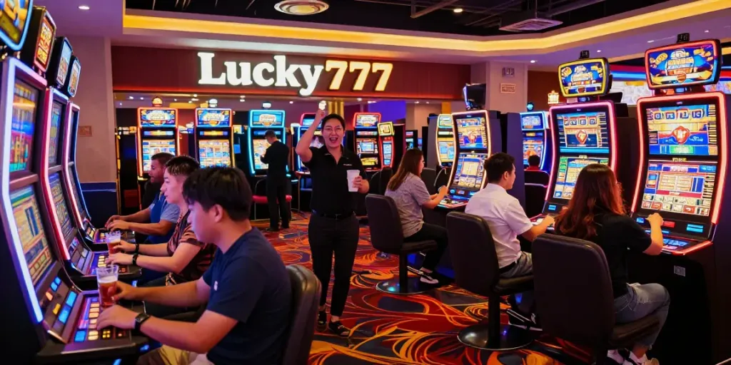 Exciting Lucky777 casino gaming scene with diverse players at slot machines.