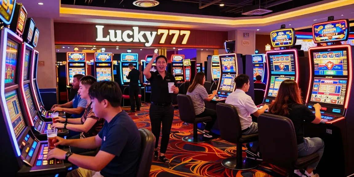 Exciting Lucky777 casino gaming scene with diverse players at slot machines.