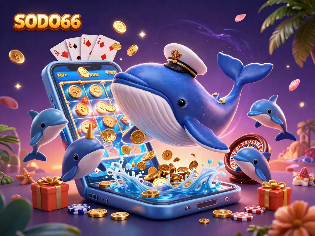 SODO66 whale breaching through coins with dolphins and gaming elements in a vibrant casino scene