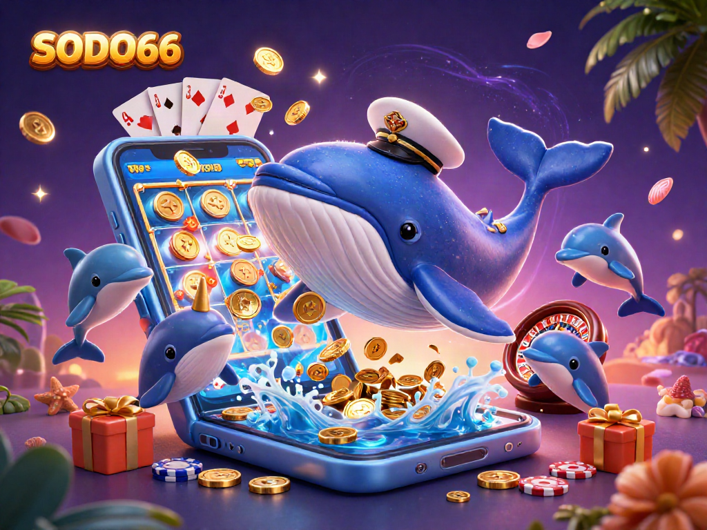 SODO66 whale breaching through coins with dolphins and gaming elements in a vibrant casino scene