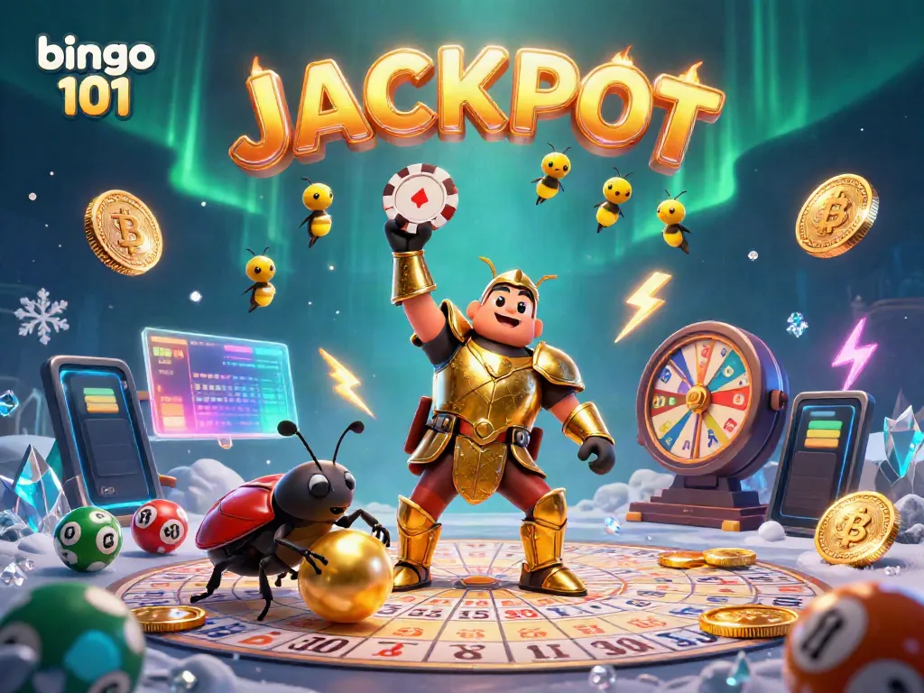 Engage with Bingo 101 as the hercules beetle triumphantly lifts a poker chip while surrounded by colorful bingo elements.