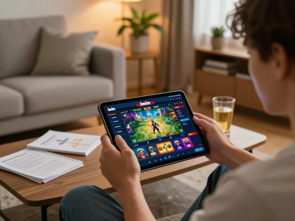 Player engaging in iwin casino app on tablet in a cozy home setting, showcasing vibrant game graphics.