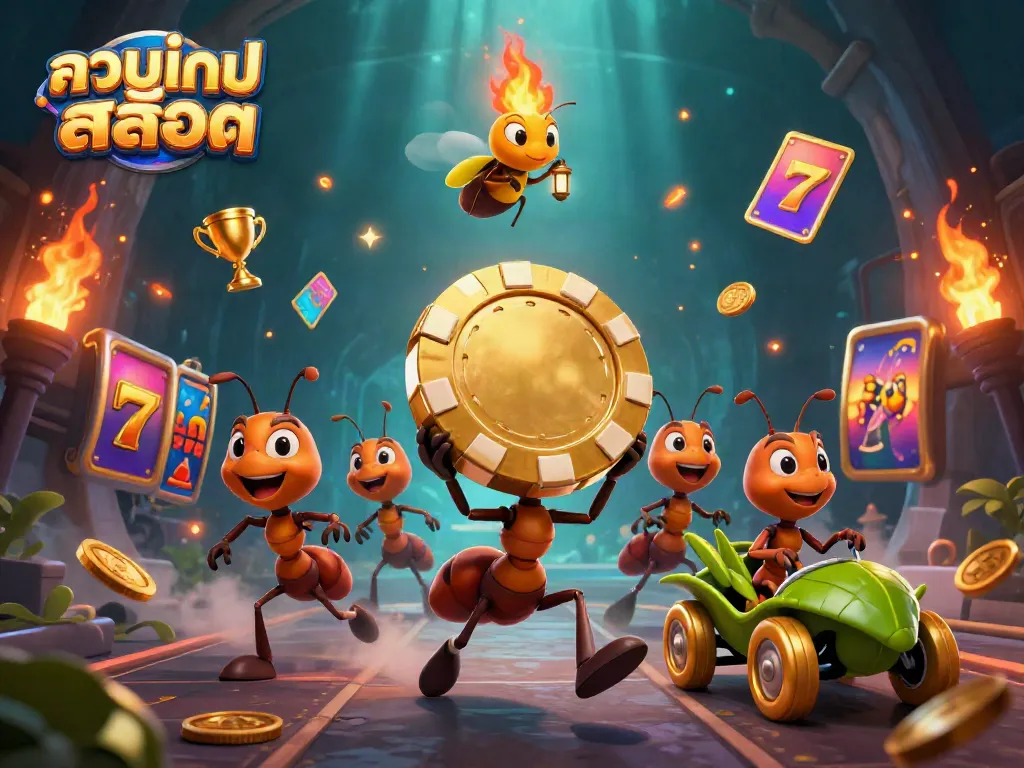 Engaging 3D scene featuring ants carrying golden poker chips, with vibrant casino-themed elements, promoting รวมเกมสล็อต.