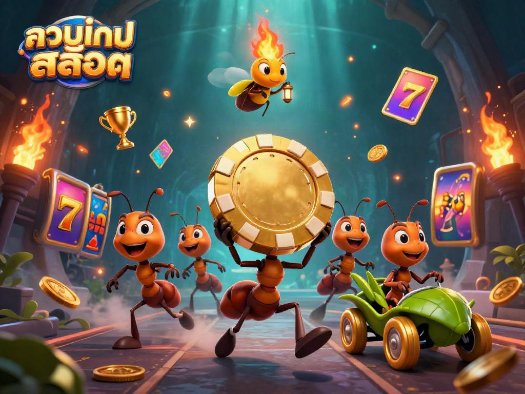 Engaging 3D scene featuring ants carrying golden poker chips, with vibrant casino-themed elements, promoting รวมเกมสล็อต.