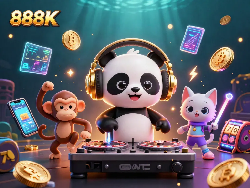 Spin-to-win with 888K in a vibrant 3D illustration of a panda DJ and playful characters.