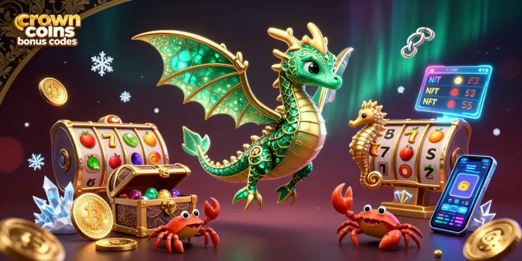 Engage with crown coins bonus codes at a vibrant casino scene featuring a sea dragon and slot elements.