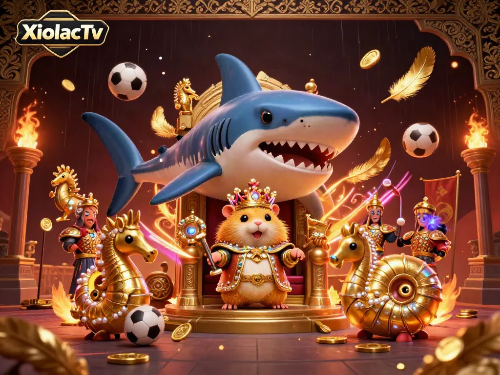 XoilacTv showcases a vibrant sports betting scene with a hamster king on a megalodon throne amidst dynamic gambling elements.
