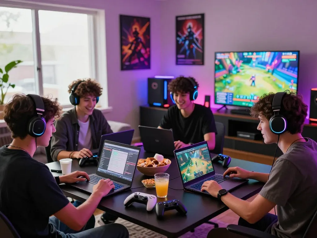 Engaged friends enjoying MAKTOGEL gaming session with laptops and consoles.