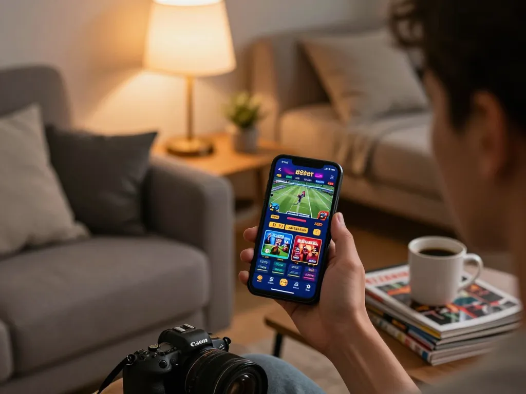 Engaging with the 88bet mobile app for online betting at home, showcasing vibrant gaming interface and cozy atmosphere.