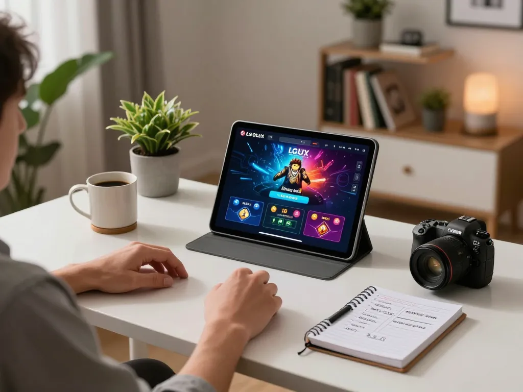 Players enjoying LGOLUX online gaming experience on a modern tablet in a cozy home office setup.