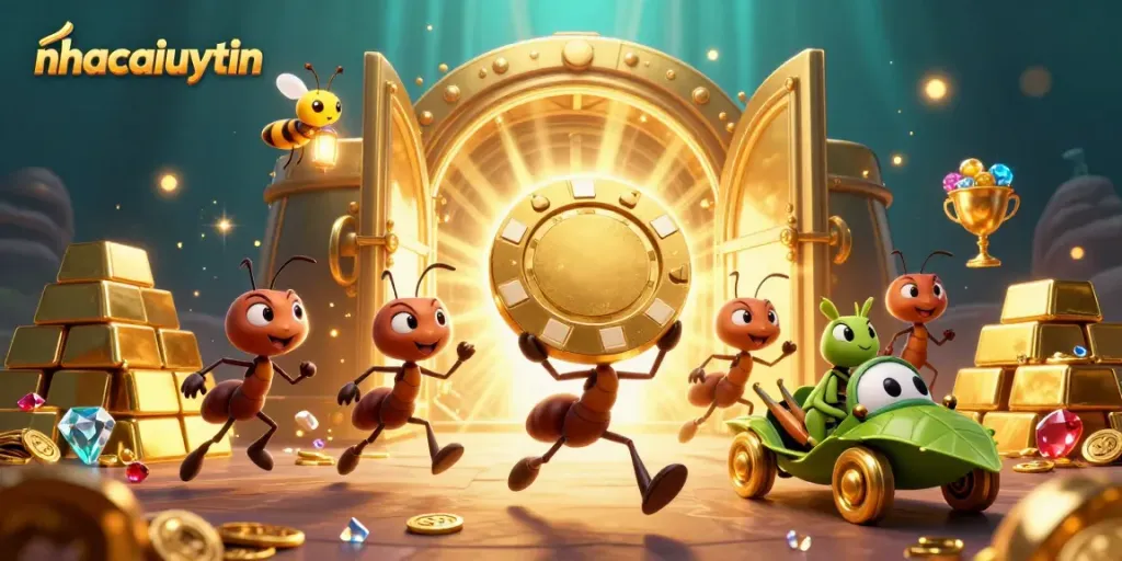 Engage with nhacaiuytin as ants execute a heist with a golden poker chip surrounded by treasure.