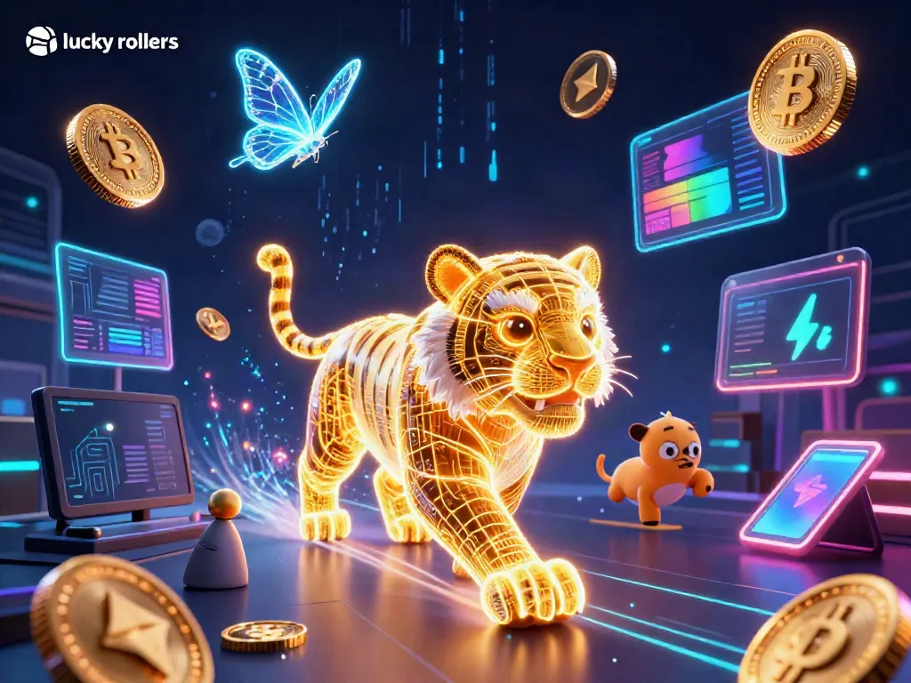 Experience the thrill of lucky rollers with a vibrant digital casino scene featuring neon tiger and crypto elements.