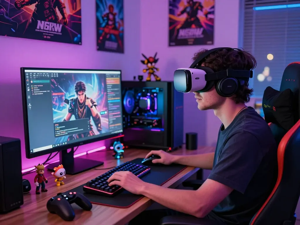 Immersive NSFW AI interaction with vibrant gaming setup and dynamic lighting.