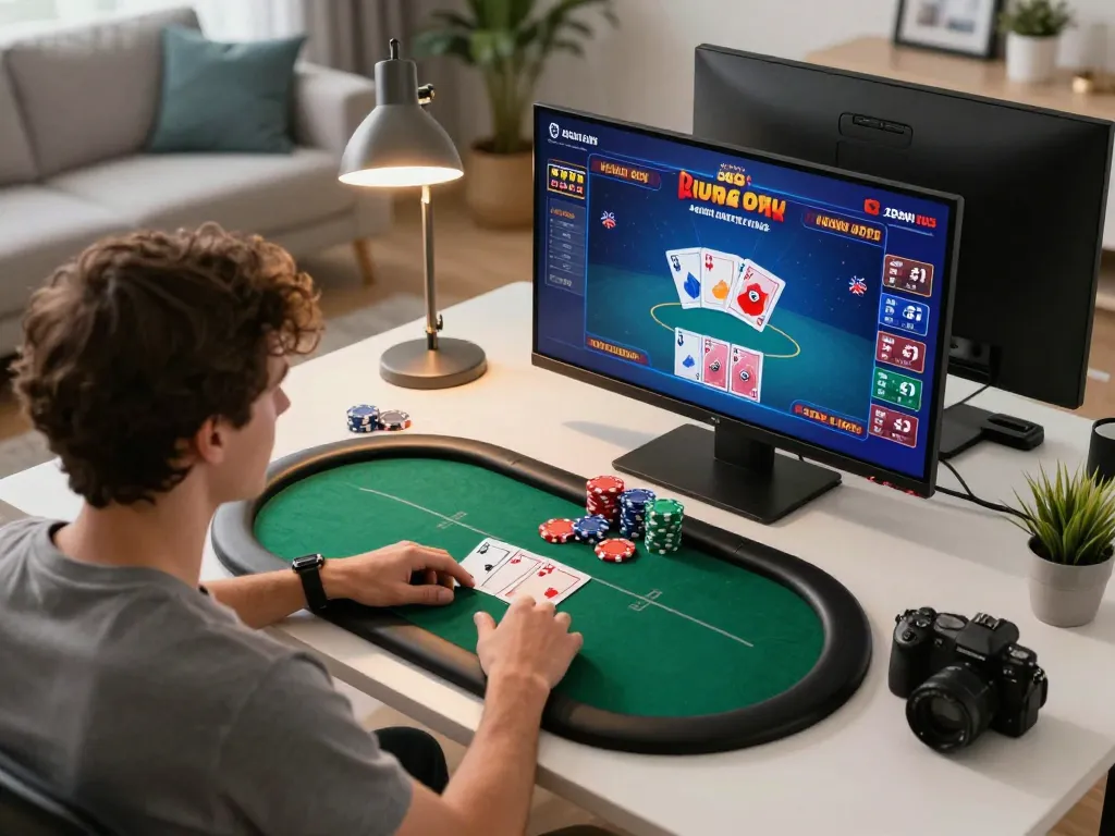 Player engaging in online poker at home using a tablet, featuring 7-hd content.