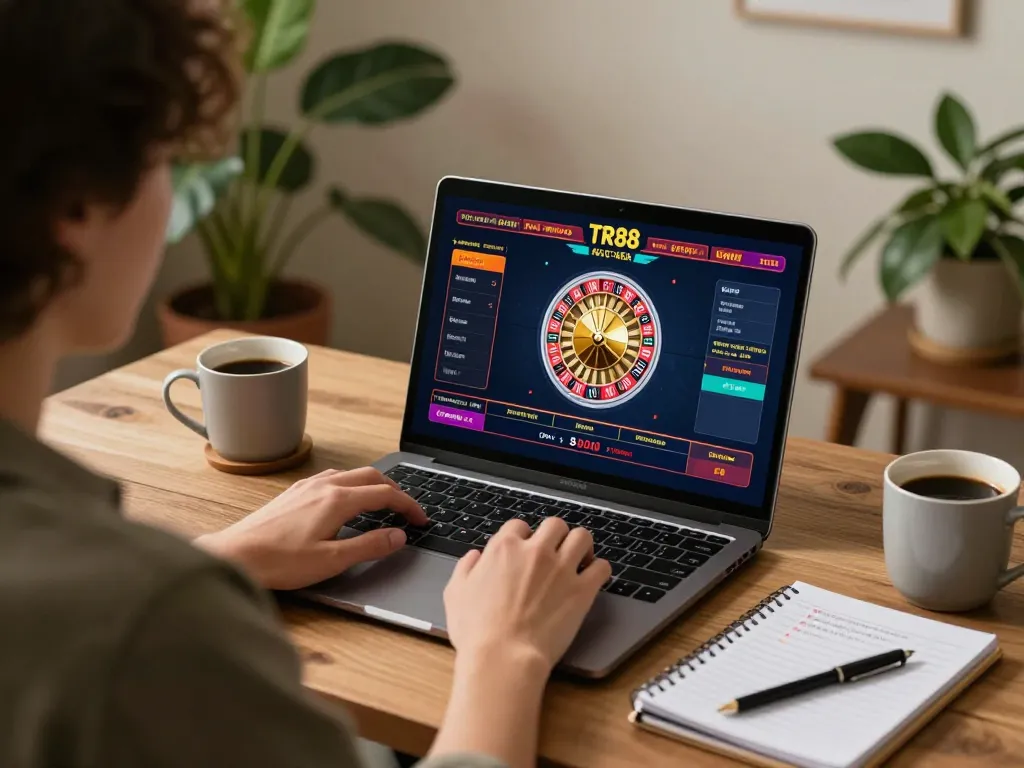 Engaging in live casino gameplay on TR88 with a laptop in a cozy home office.