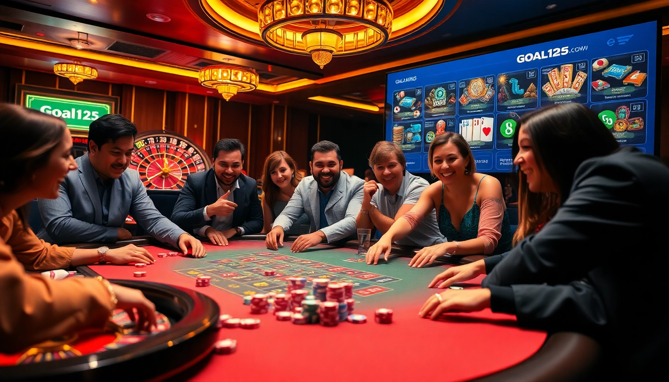A lively casino scene featuring players at a poker table showcasing Goal123 branding with vibrant gaming elements.