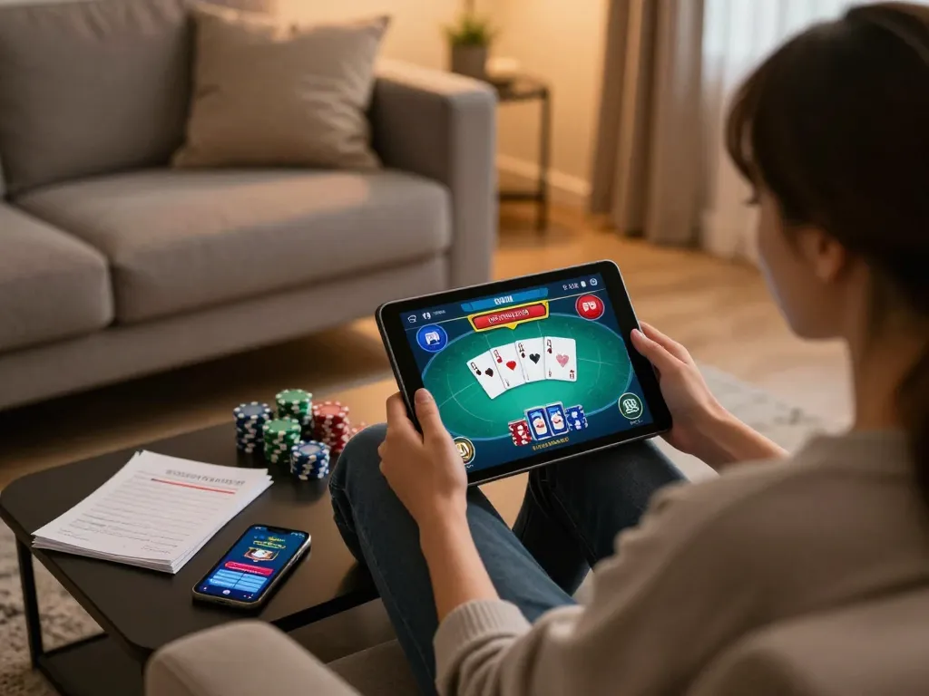 Engaging in online gambling on https://sc88.games/ with an interactive poker setup in a cozy home environment.