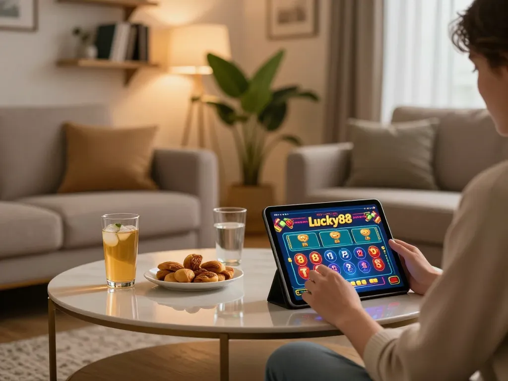 Engaging with the lucky88 online casino game on a tablet, displaying vibrant graphics.