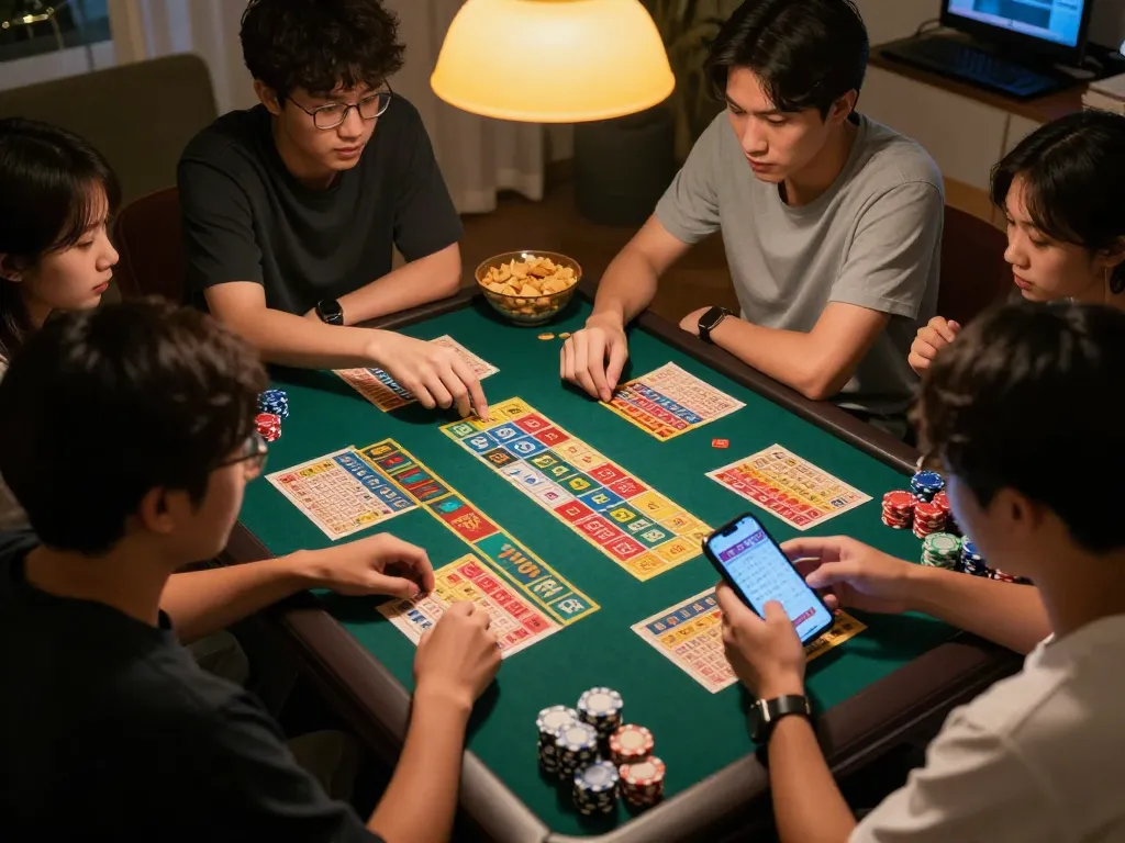 Engaged players checking Togel HK results during an exciting game night with warm lighting.