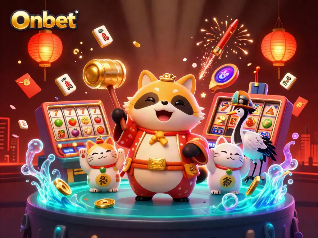 Onbet's festive casino scene showcases cheerful characters amidst vibrant slot elements.