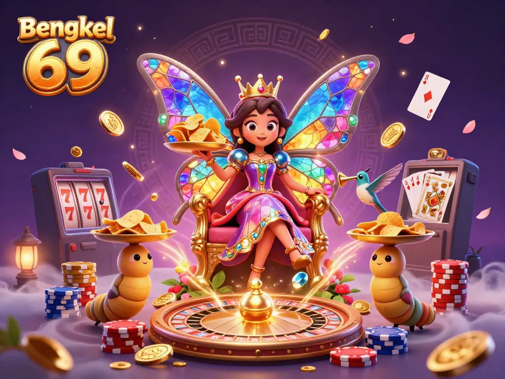 Bengkel 69 ignites the casino scene with a butterfly queen amidst vibrant gaming elements.