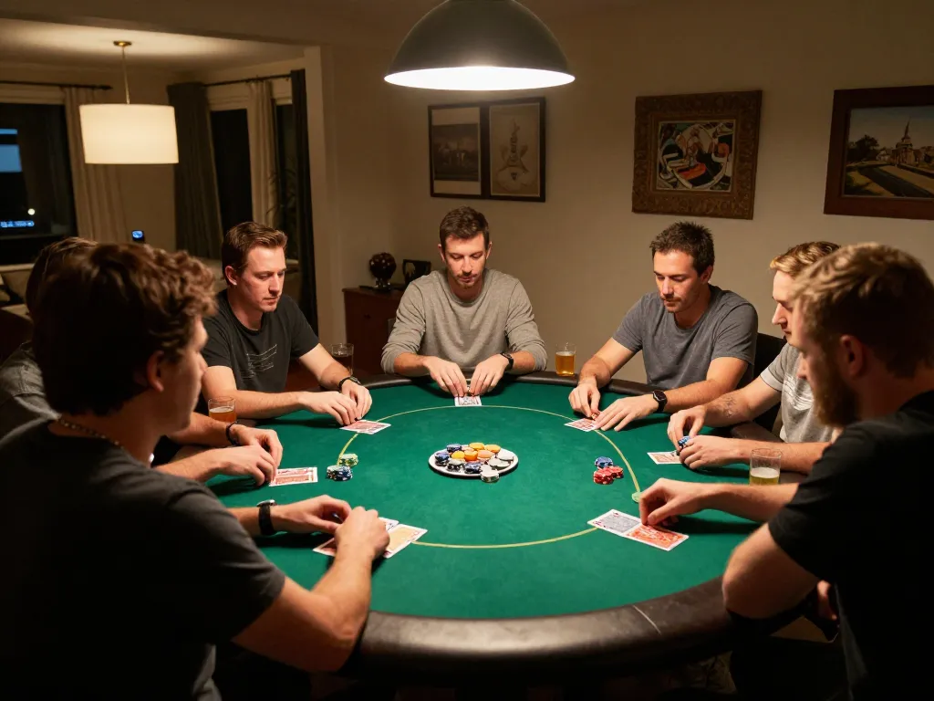 MMOO players enjoying an engaged poker game night, showcasing strategic gameplay and social atmosphere