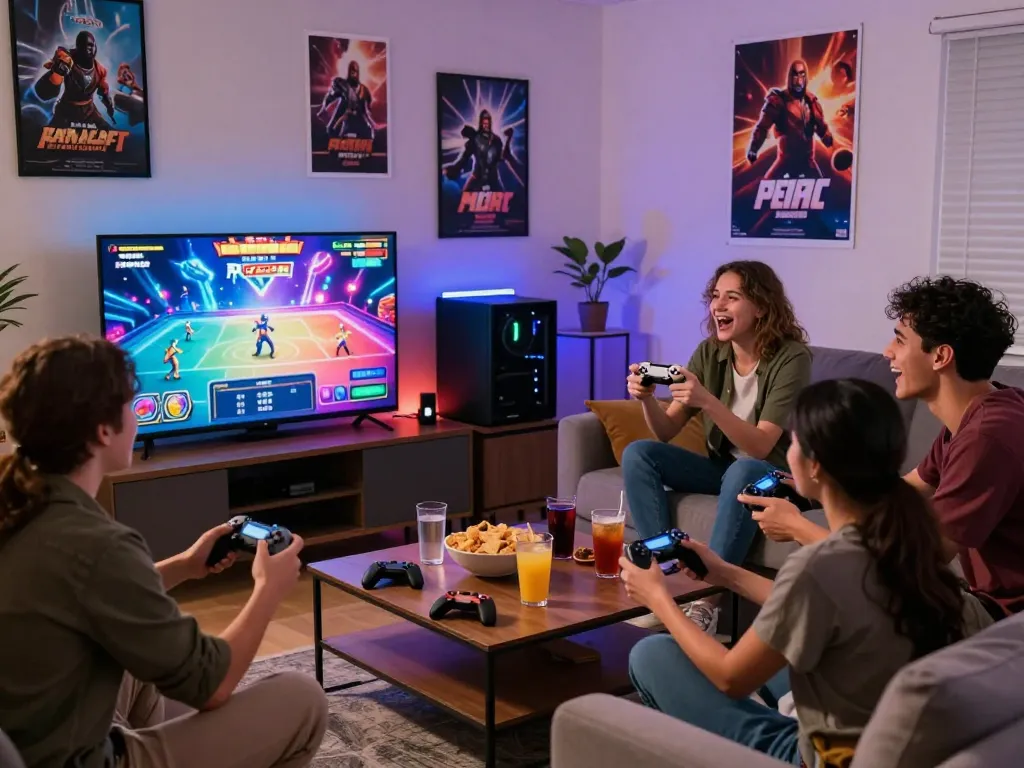 Friends enjoying thrilling moments playing barcaslot games in a cozy living room.