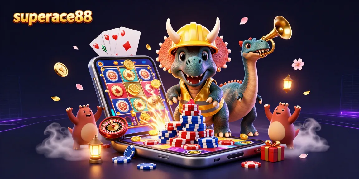 Engage with superace88 through an enchanting 3D scene featuring playful characters and vibrant casino elements.
