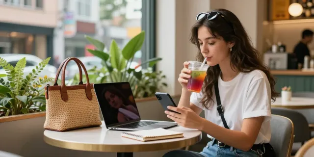 Youthful woman in trendy streetwear enjoying her drink at a café, peh888 lifestyle.