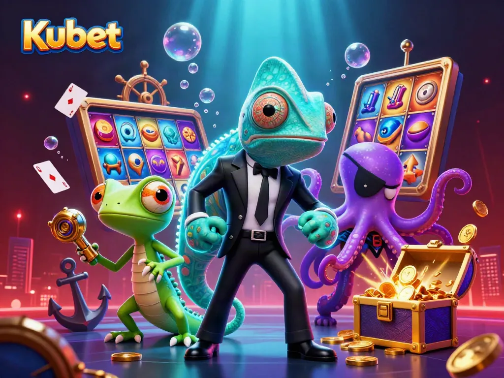 Kubet brings excitement with a 3D illustration featuring a chameleon, gecko, and octopus amidst vibrant casino elements.