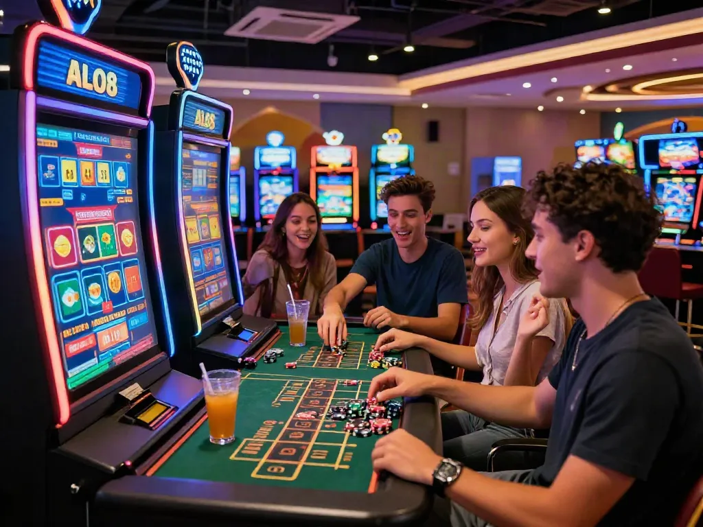 Friends enjoying the ALO8 gaming experience in a vibrant casino setting with a digital betting kiosk.